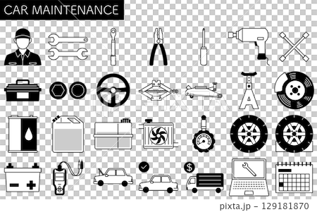 簡單可愛的汽車保養線條圖標， 129181870