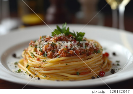 Delicious Spaghetti Bolognese with Tomato Sauce and Parmesan Cheese for Dining Generative AI Delicious Spaghetti Bolognese with Tomato Sauce and Parmesan Cheese for Dining Generative AI 129182047