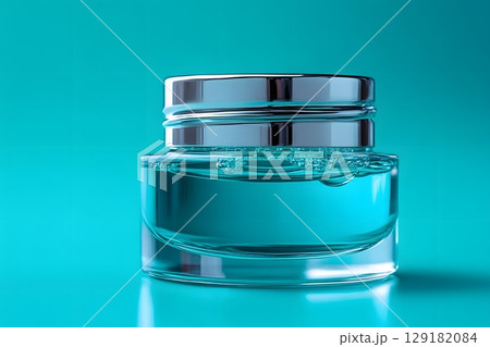 Elegant Glass Bottle with Transparent Liquid on Aqua Background for Luxury Branding Generative AI 129182084