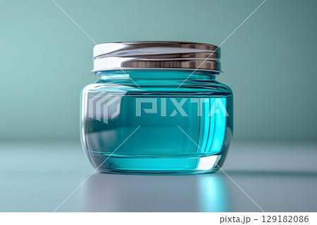 Elegant Glass Jar with Blue Liquid for Cosmetic or Medical Use Generative AI 129182086