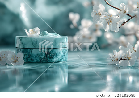Luxurious Skincare Concept with Aqua Container and Elegant Blossoms Generative AI 129182089