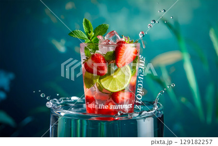 Summer Strawberry Mojito with Mint and Lime in Clear Cup 129182257