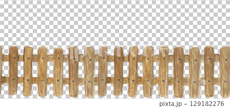 Wooden fence seamless border with rustic texture and visible nails. Watercolor hand-painted horizontal element, perfect for countryside-themed designs, gardening projects, scrapbooking, children's Wooden fence seamless border with rustic texture and visible nails. Watercolor hand-painted horizontal element, perfect for countryside-themed designs, gardening projects, scrapbooking, children's 129182276