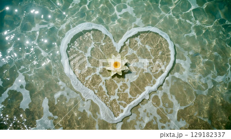 Beach Heart with Lotus Flower and Turquoise Water 129182337