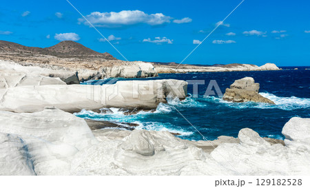 White chalk cliffs in Sarakiniko, Milos island, Cyclades, Greece White chalk cliffs in Sarakiniko, Milos island, Cyclades, Greece 129182528