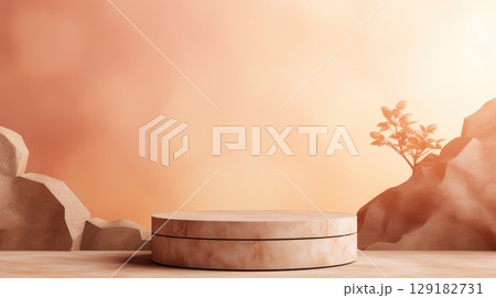 Stone marble podium for product display against a peach colored background 129182731