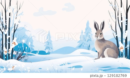 Illustration of a cute hare sits in a snowdrift against the backdrop of a beautiful winter landscape. 129182769