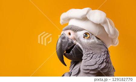 Parrot in chef's hat on an orange background, place for your text 129182770