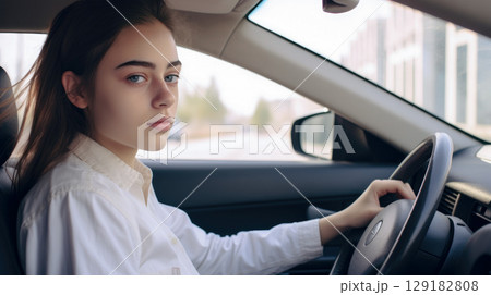 A teenage girl driving a car learns to drive at a driving school. 129182808