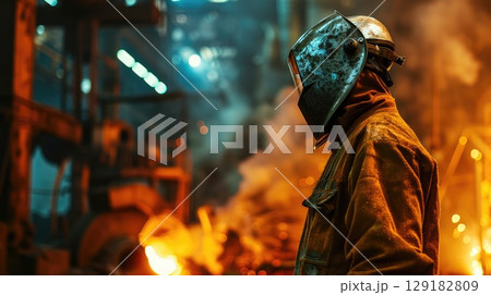 A worker welder in a protective suit works in production 129182809