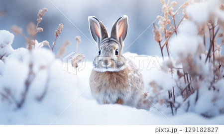 A cute hare sits in a snowdrift against the backdrop of a beautiful winter landscape. A cute hare sits in a snowdrift against the backdrop of a beautiful winter landscape. 129182827
