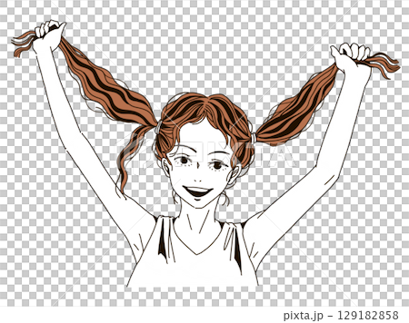 一位雙馬尾的年輕女子雙手綁著頭髮，笑著 129182858