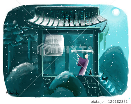 大晦日の除夜の鐘をつく僧侶のイラスト 129182881