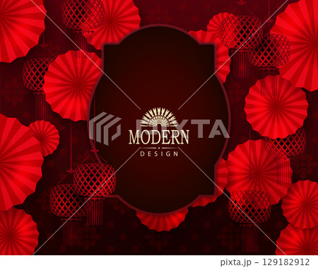 Chinese New Year. Exquisite red greeting card with a figured frame 129182912