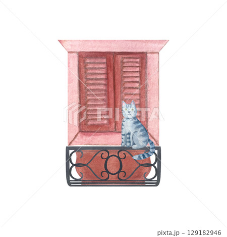 Closed window with red shutters, a black wrought iron balcony and cute gray tabby cat is sitting on the balcony. Perfect for children books, European city-themed designs, cards. Watercolor 129182946