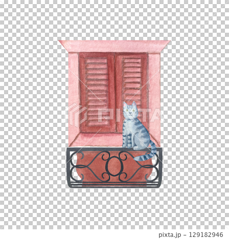 Closed window with red shutters, a black wrought iron balcony and cute gray tabby cat is sitting on the balcony. Perfect for children books, European city-themed designs, cards. Watercolor 129182946