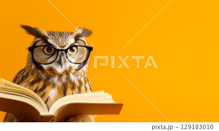 An owl with glasses reads a book on an orange background, copyspace, space for text 129183010