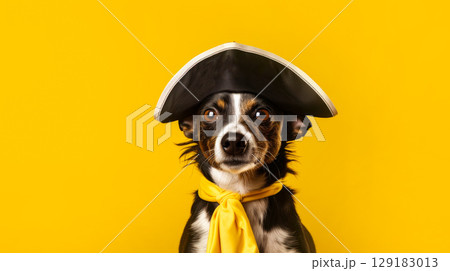 Dog in a pirate costume on a yellow background, copyspace, space for text 129183013