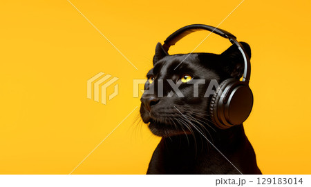 Black panther listening to music with headphones on orange background 129183014