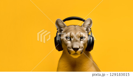 Puma listening to music with headphones on orange background 129183015