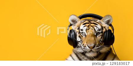 Fluffy tiger listening to music with headphones on an orange background 129183017