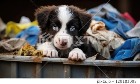 Homeless abandoned puppy in a landfill looking for food 129183085