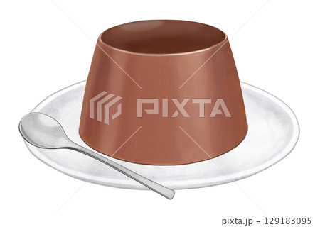 チョコレートプリンのイラスト - 皿スプーン付き チョコレートプリンのイラスト - 皿スプーン付き 129183095