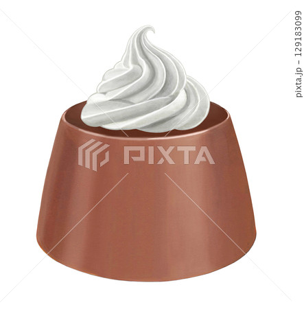 チョコレートプリンのイラスト-ホイップ乗せ チョコレートプリンのイラスト-ホイップ乗せ 129183099