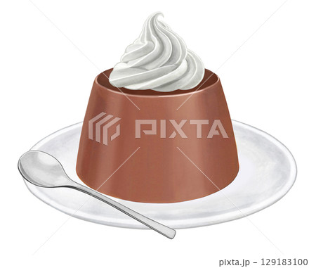 チョコレートプリンのイラスト - ホイップ乗せ 皿スプーン付き チョコレートプリンのイラスト - ホイップ乗せ 皿スプーン付き 129183100