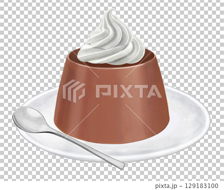 チョコレートプリンのイラスト - ホイップ乗せ 皿スプーン付き チョコレートプリンのイラスト - ホイップ乗せ 皿スプーン付き 129183100