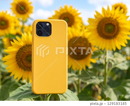 ひまわり畑と夏空のスマホケースモックアップ 129183185