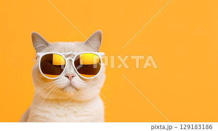 White cat in sunglasses on an orange background with copyspace 129183186