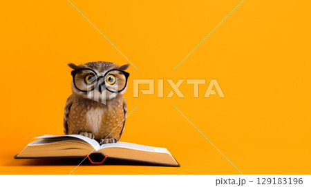 An owl with glasses reads a book on an orange background, copyspace, space for text An owl with glasses reads a book on an orange background, copyspace, space for text 129183196