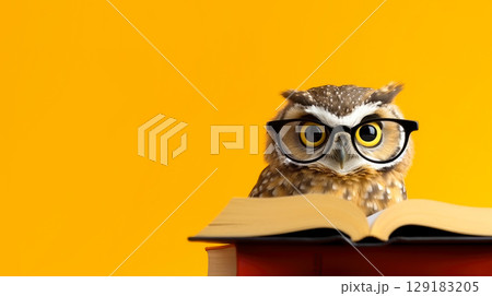 An owl with glasses reads a book on an orange background, copyspace, space for text 129183205
