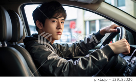 Asian teenager driving a car learns driving in driving school 129183320