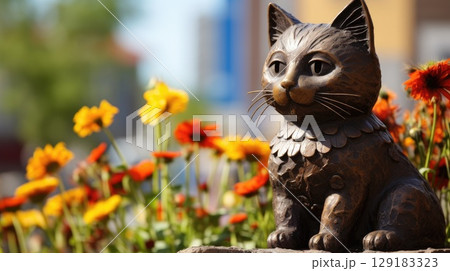 Memorial to the cat is installed in the park or in the cemetery with flowers nearby 129183323