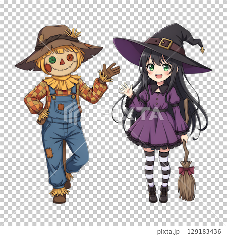 A cute child in a anime-style cartoon Halloween costume, happy for Halloween. Transparent background. A cute child in a anime-style cartoon Halloween costume, happy for Halloween. Transparent background. 129183436
