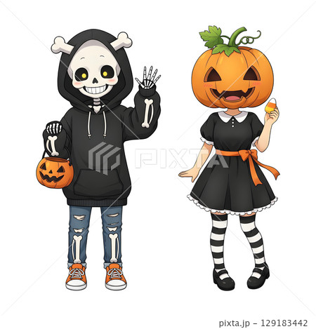 A cute child in a anime-style cartoon Halloween costume, happy for Halloween. Transparent background. 129183442