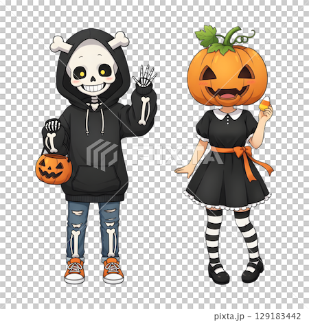 A cute child in a anime-style cartoon Halloween costume, happy for Halloween. Transparent background. 129183442