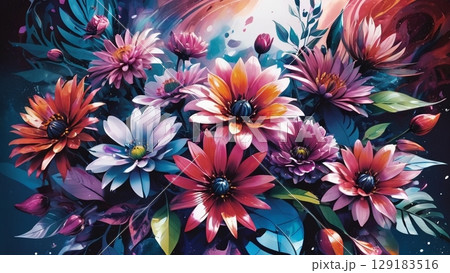 繊細なタッチで描かれた絵画のような花々のイラスト壁紙 129183516