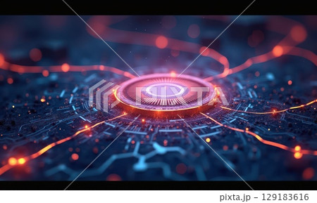 Futuristic computer chip with circle in the middle. The circle is surrounded by lot of luminous rays Futuristic computer chip with circle in the middle. The circle is surrounded by lot of luminous rays 129183616