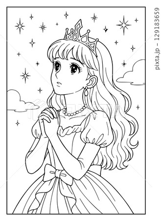 昭和レトロな日本ふうのお姫様ぬりえ：祈り 129183659