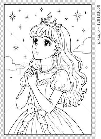 昭和レトロな日本ふうのお姫様ぬりえ：祈り 129183659