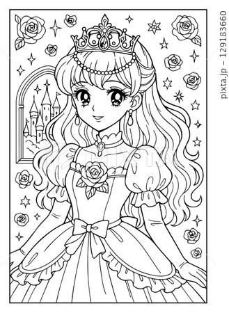 昭和レトロな日本ふうのお姫様ぬりえ：肖像画 129183660