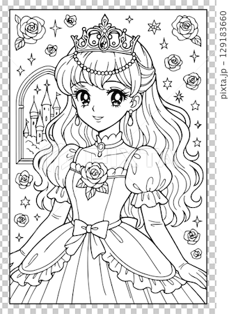 昭和レトロな日本ふうのお姫様ぬりえ：肖像画 129183660