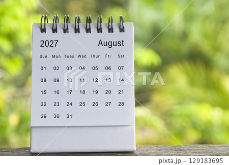 August 2027 calendar with blurred nature background. Copy space August 2027 calendar with blurred nature background. Copy space 129183695