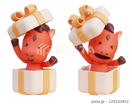 coming out of the gift box cartoon style 2026 new year red horse character 3D graphic 129183952