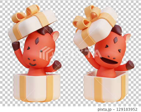 coming out of the gift box cartoon style 2026 new year red horse character 3D graphic 129183952