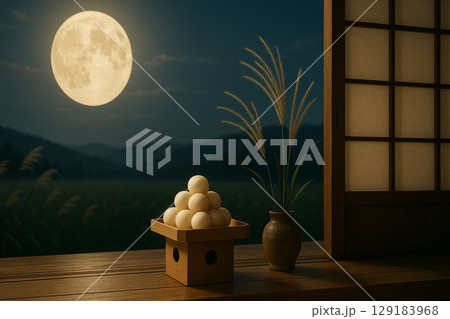 十五夜の月見団子と満月の夜 129183968
