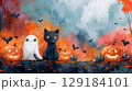 A black cat between orange pumpkins and a ghost wishes you a happy Halloween 129184101